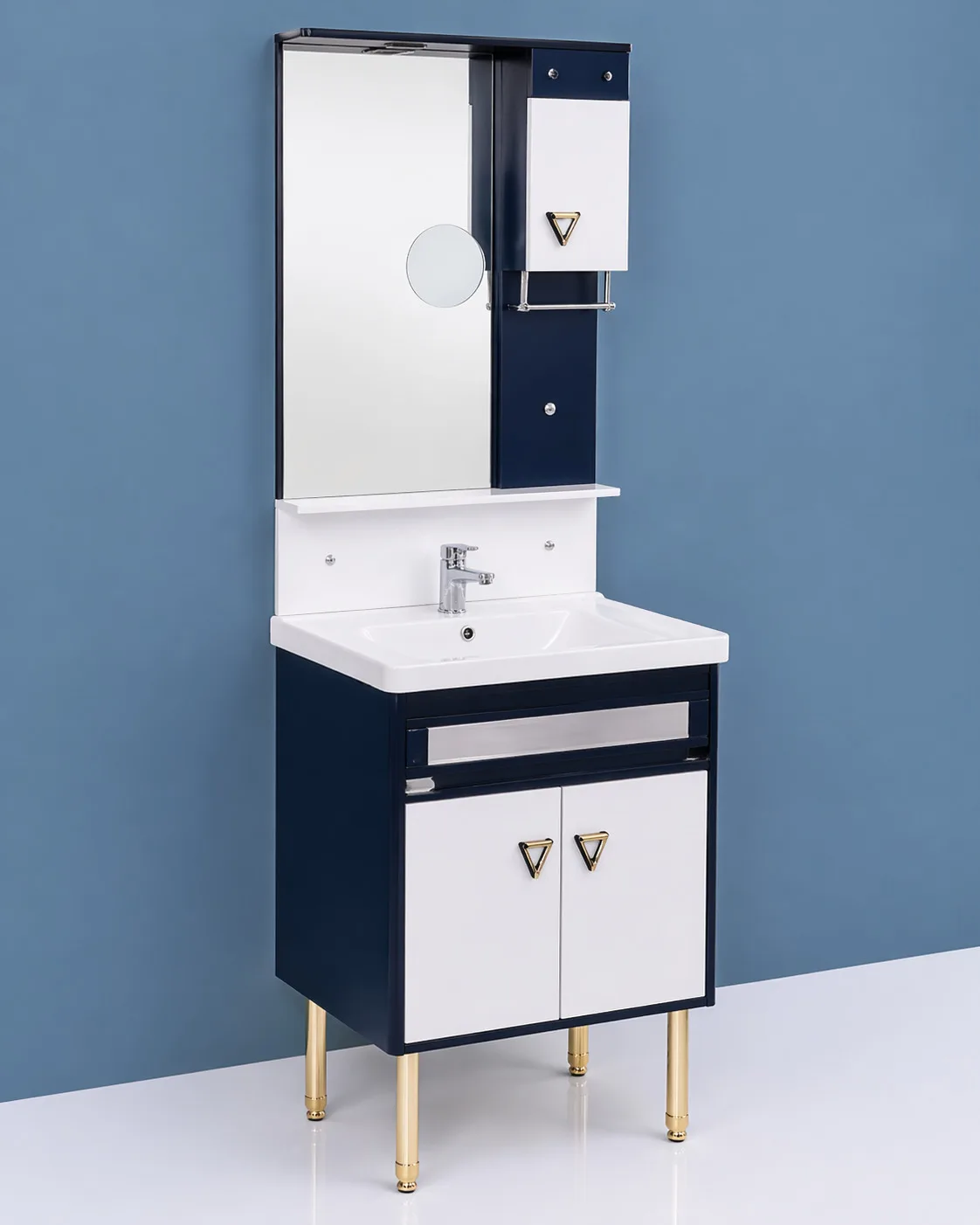 Modern dual-tone bathroom vanity unit with mirror cabinet, white basin and navy blue storage cabinet
