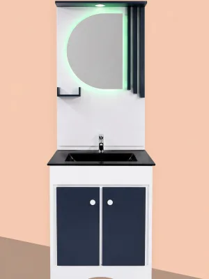 Modern LED mirror bathroom vanity unit with black basin, white cabinet and blue storage doors
