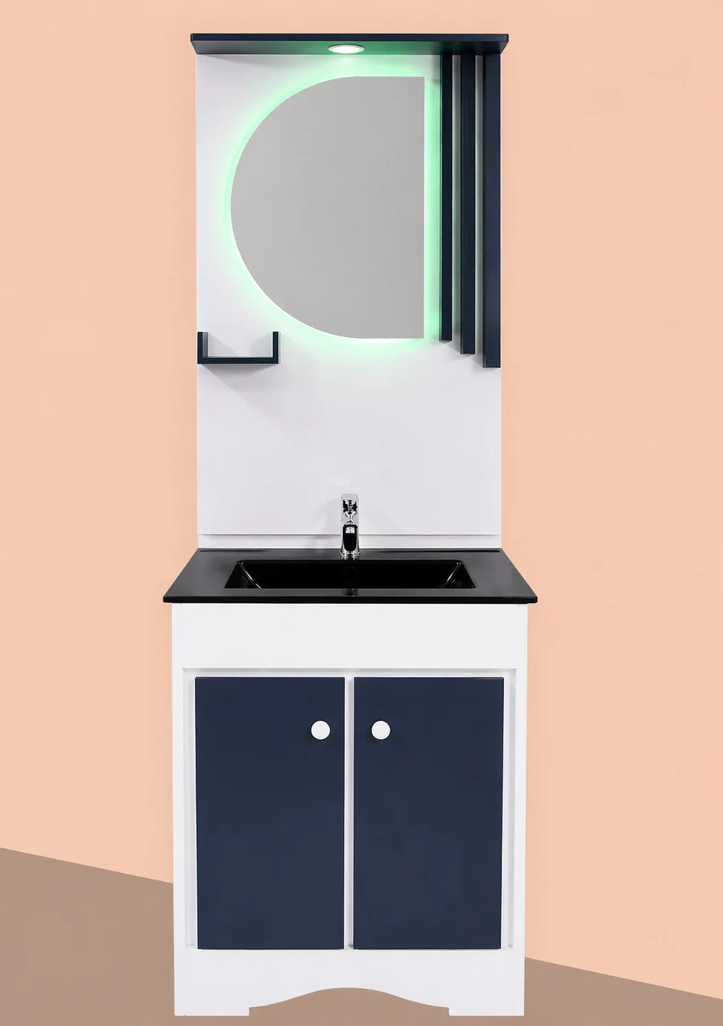 Modern LED mirror bathroom vanity unit with black basin, white cabinet and blue storage doors