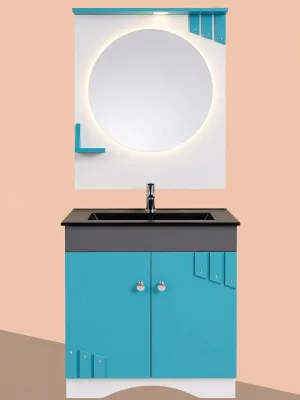 Aqua blue bathroom vanity unit with round LED mirror, black wash basin and modern storage cabinet