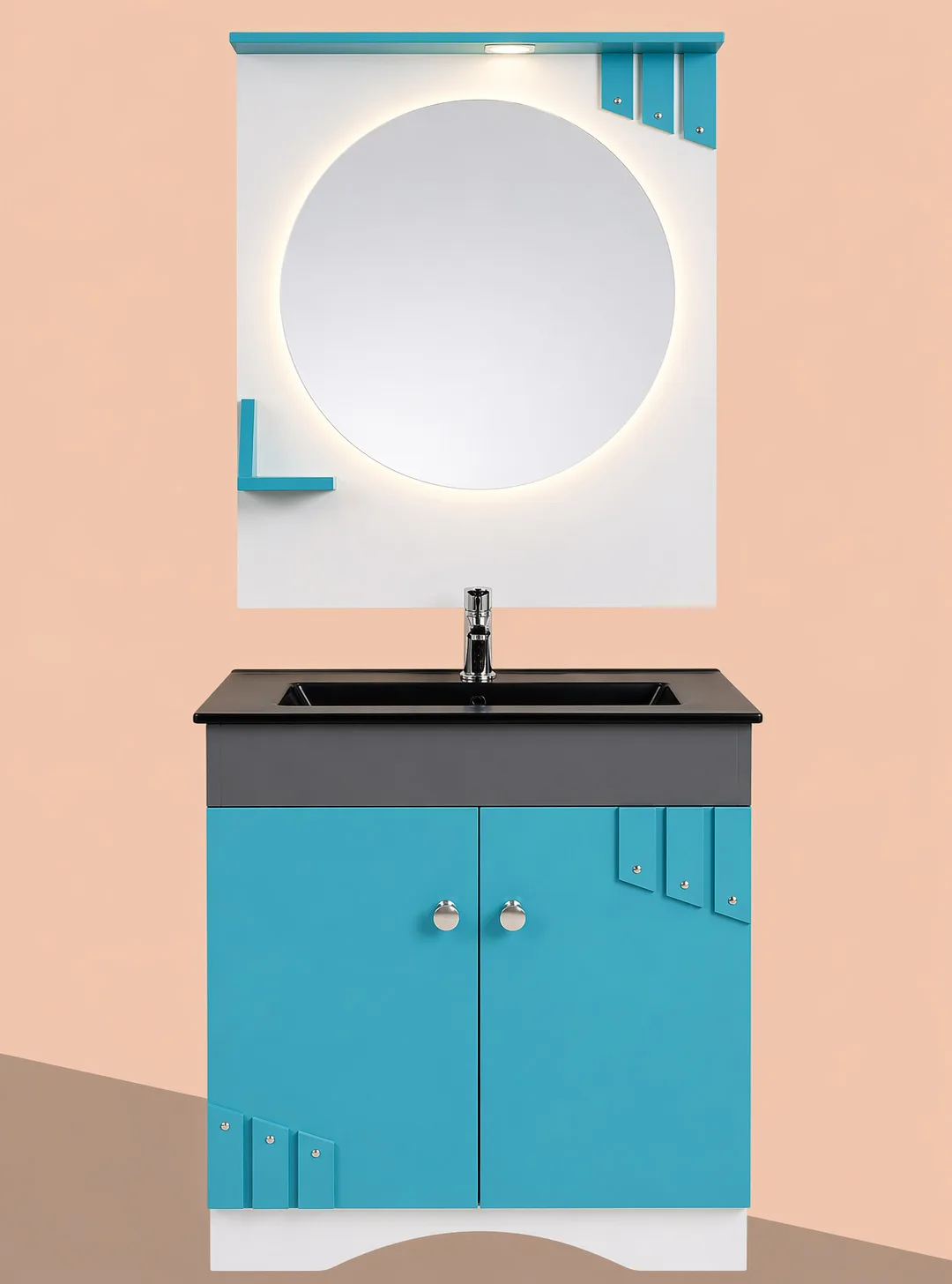 Aqua blue bathroom vanity unit with round LED mirror, black wash basin and modern storage cabinet