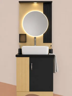 Luxury black and gold bathroom vanity unit with round LED mirror, white basin and modern storage cabinet