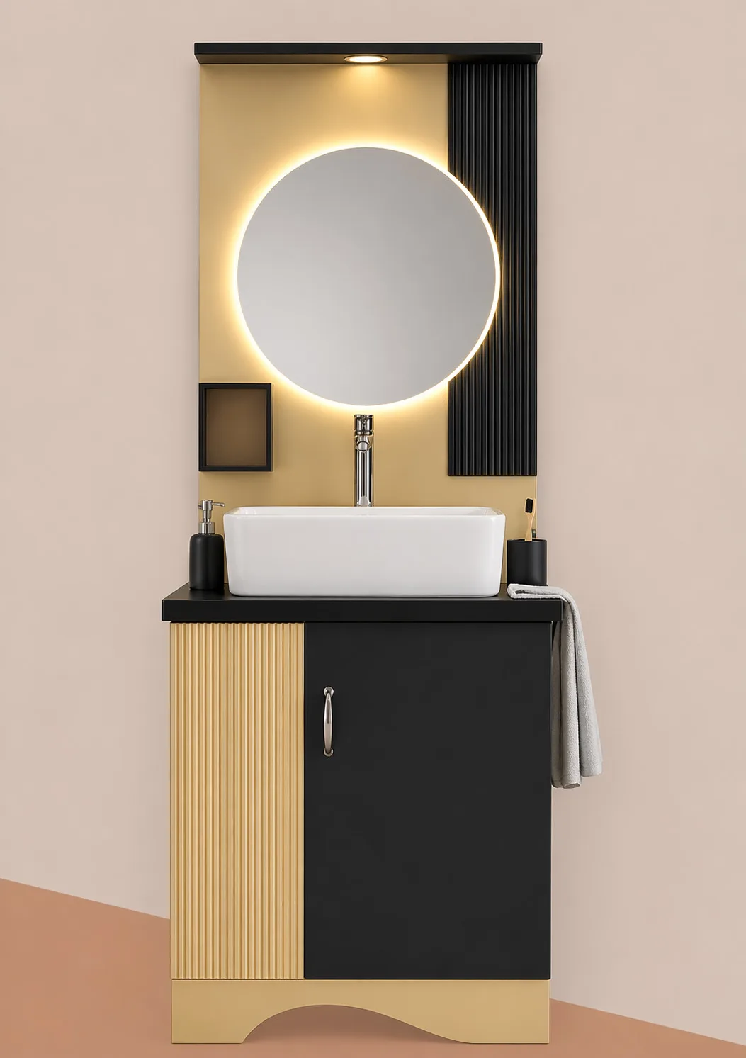 Luxury black and gold bathroom vanity unit with round LED mirror, white basin and modern storage cabinet