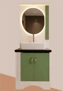 Modern green bathroom vanity cabinet with round LED mirror and countertop basin